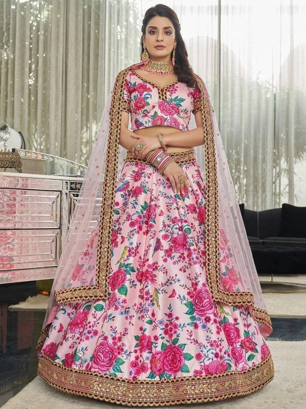 Light Pink Floral Printed Art Silk Wedding Wear Lehenga Choli