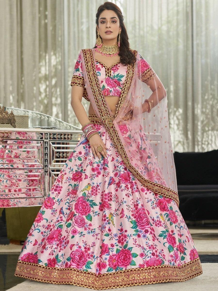 Light Pink Floral Printed Art Silk Wedding Wear Lehenga Choli