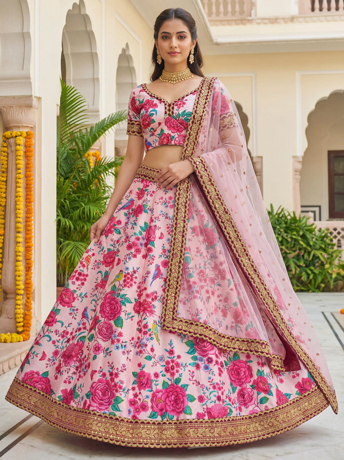 Stylish Baby Pink Floral Printed Silk Wedding Wear Lehenga Choli With Dupatta