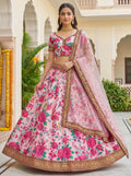 Stylish Baby Pink Floral Printed Silk Wedding Wear Lehenga Choli With Dupatta