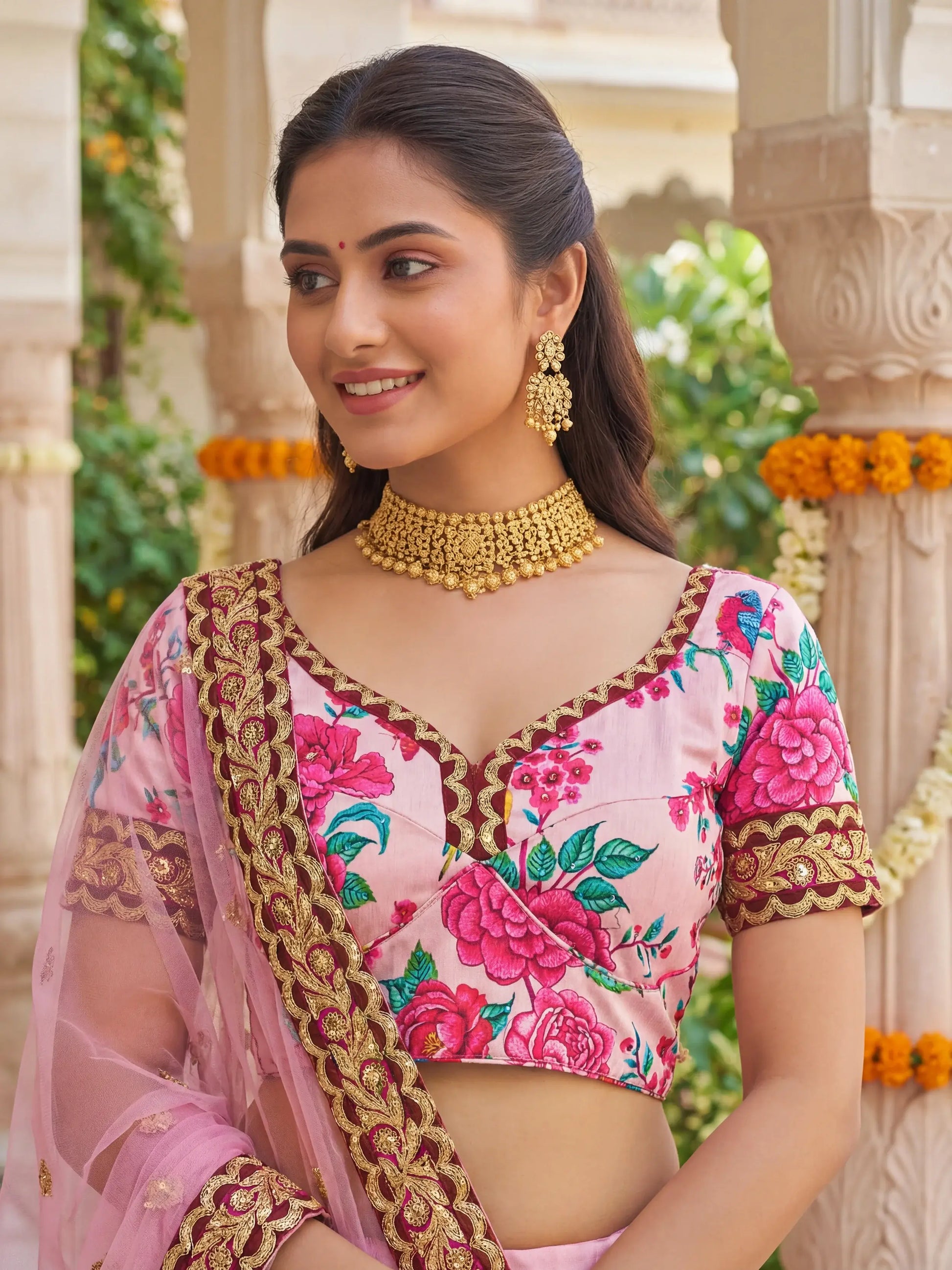 Stylish Baby Pink Floral Printed Silk Wedding Wear Lehenga Choli With Dupatta