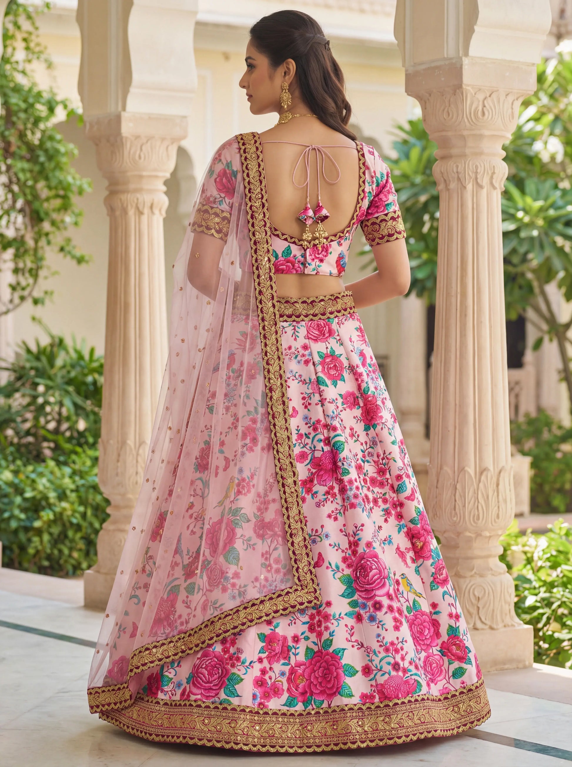 Stylish Baby Pink Floral Printed Silk Wedding Wear Lehenga Choli With Dupatta