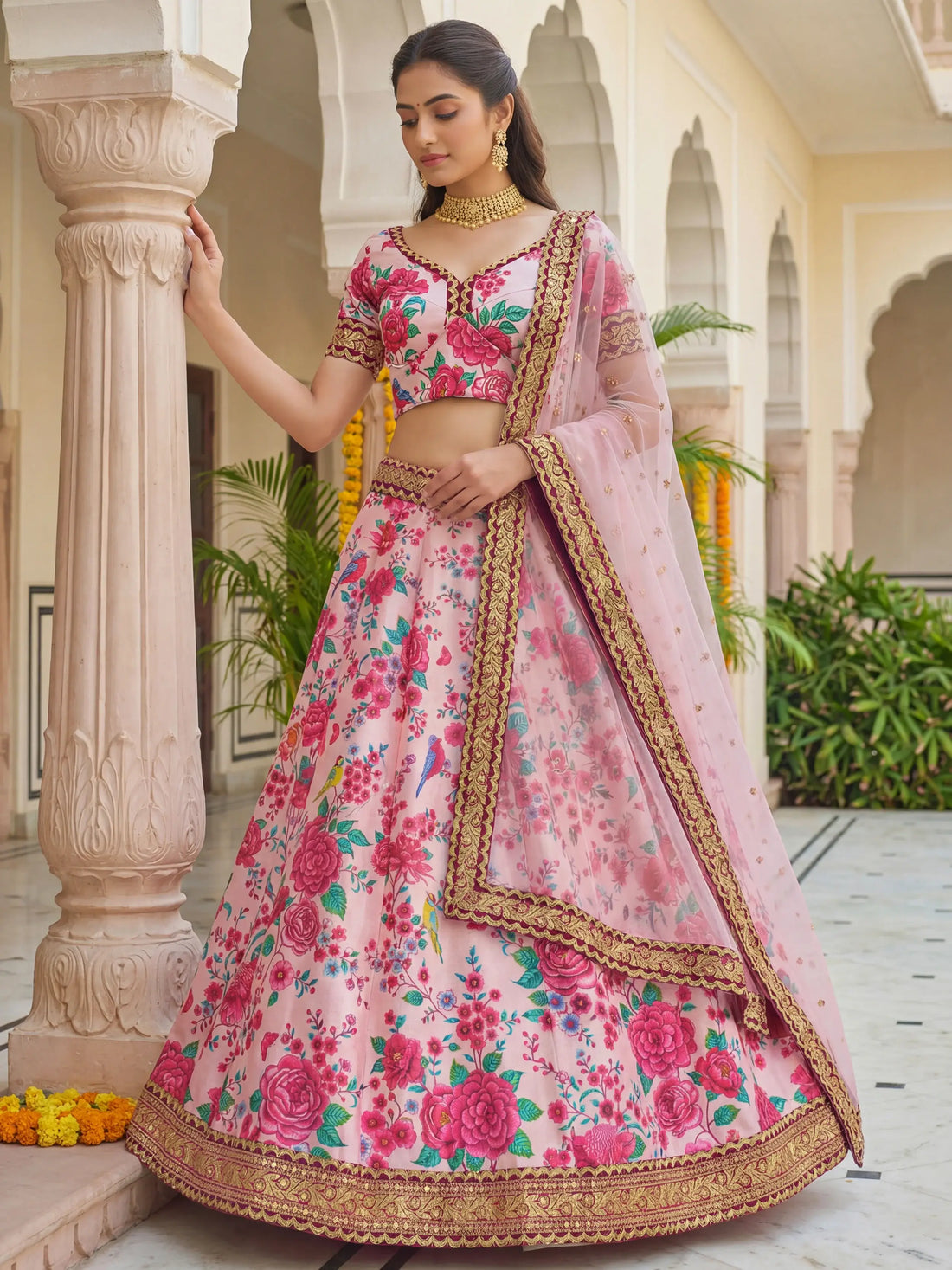 Stylish Baby Pink Floral Printed Silk Wedding Wear Lehenga Choli With Dupatta