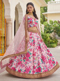 Stylish Baby Pink Floral Printed Silk Wedding Wear Lehenga Choli With Dupatta