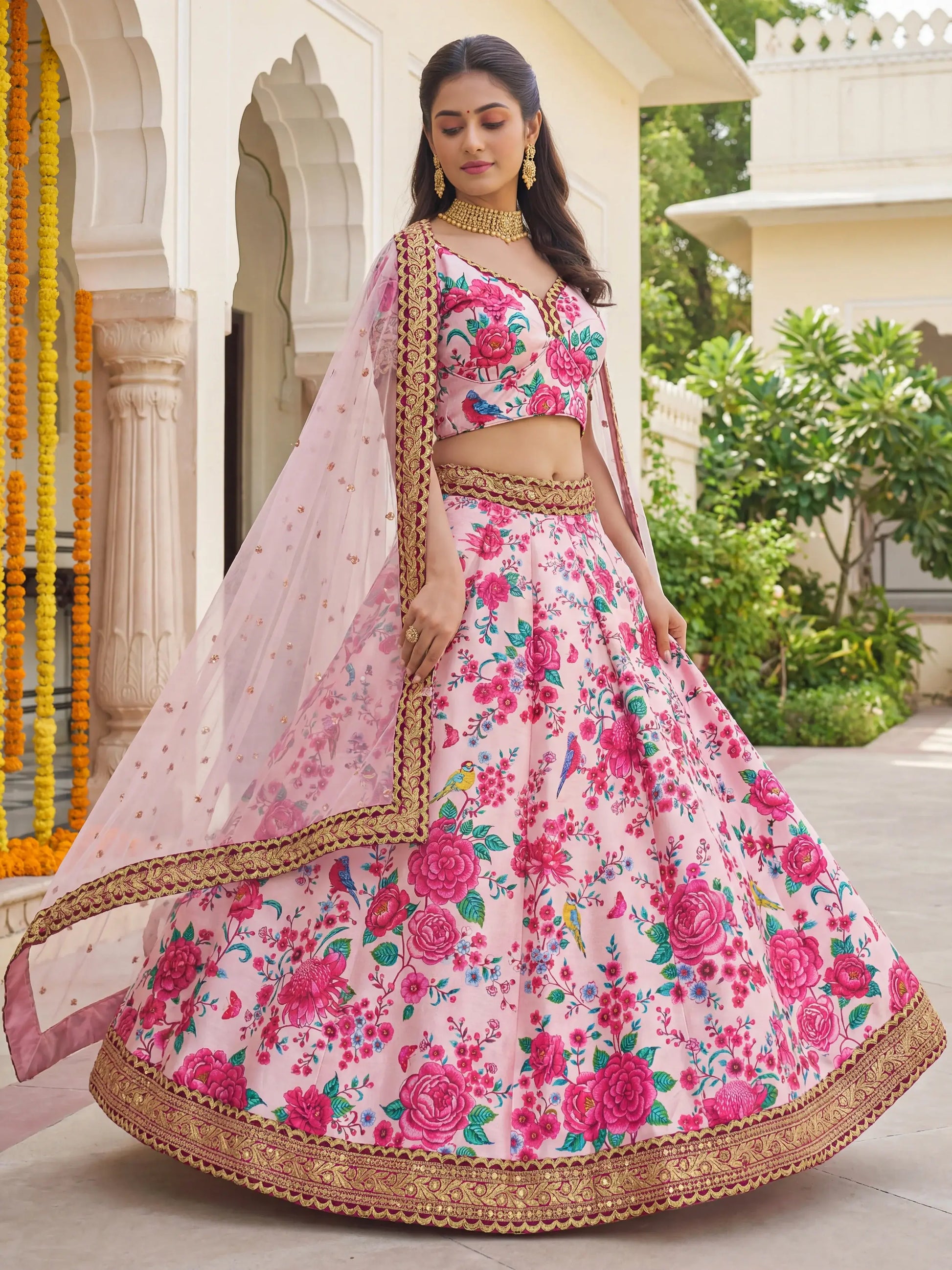 Stylish Baby Pink Floral Printed Silk Wedding Wear Lehenga Choli With Dupatta