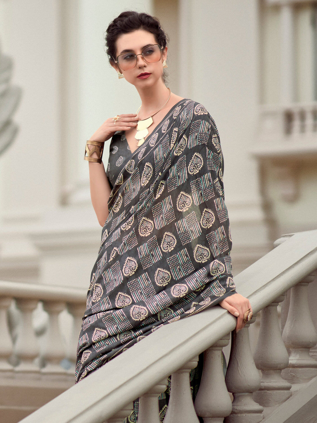 Charming Grey Digital Printed Silk Event Wear Saree With Blouse