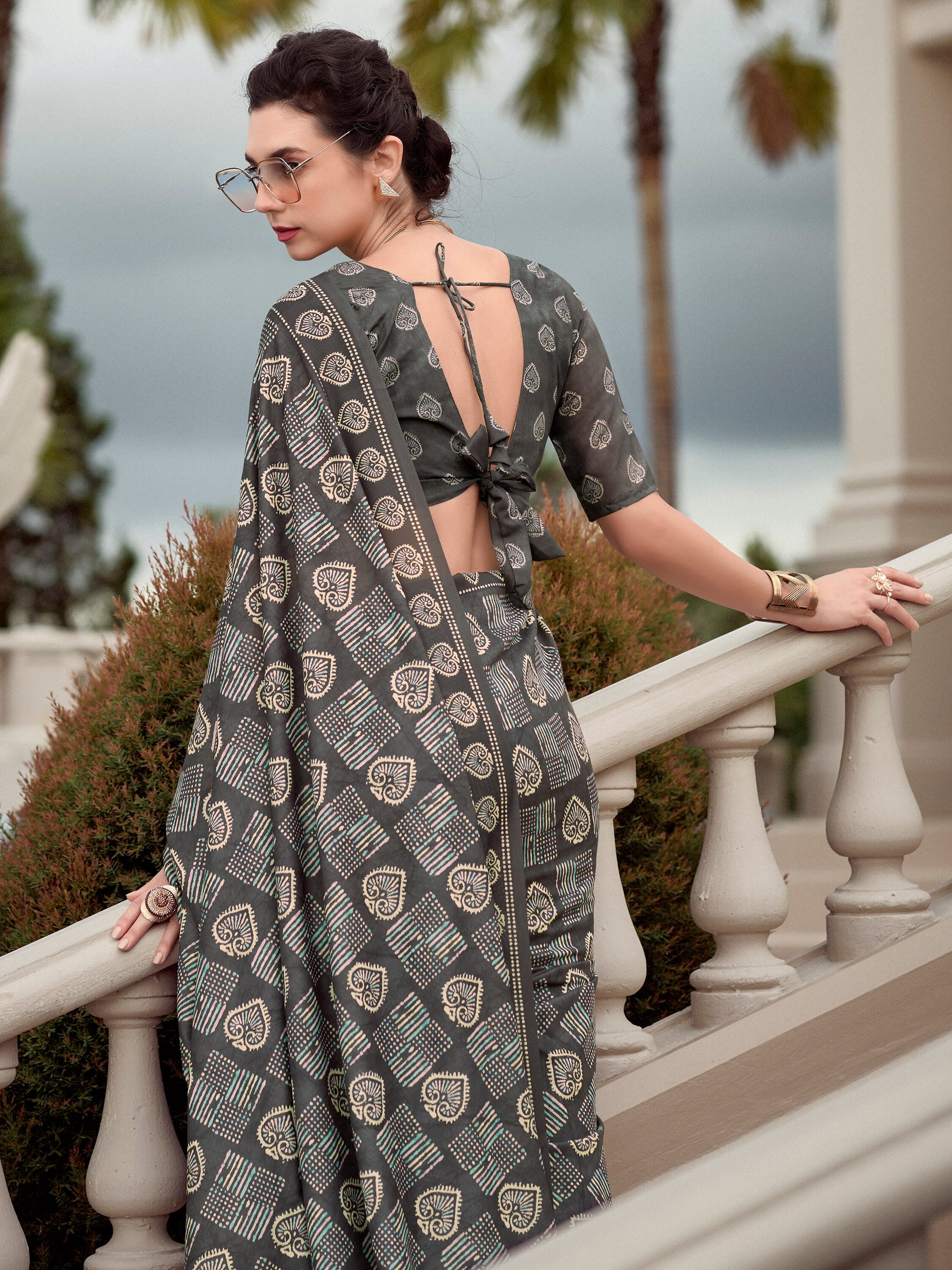 Charming Grey Digital Printed Silk Event Wear Saree With Blouse