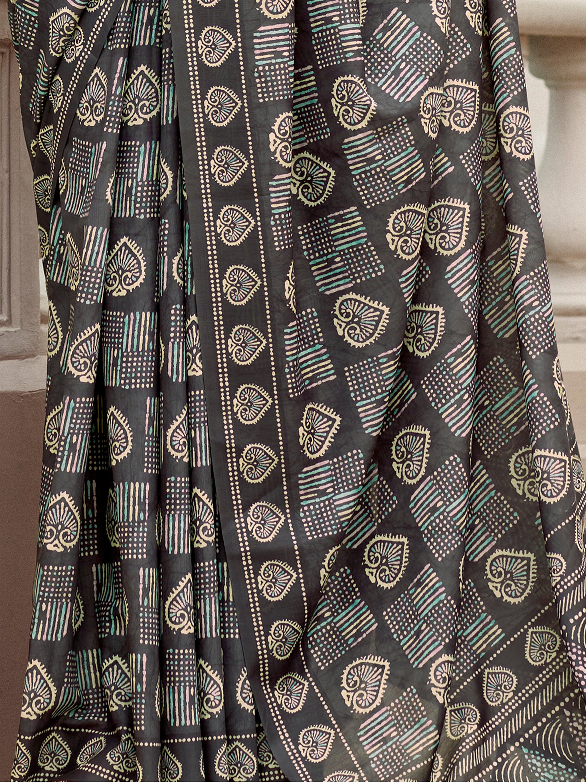 Charming Grey Digital Printed Silk Event Wear Saree With Blouse