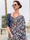 Gorgeous Navy Blue Printed Silk Office Wear Saree With Blouse