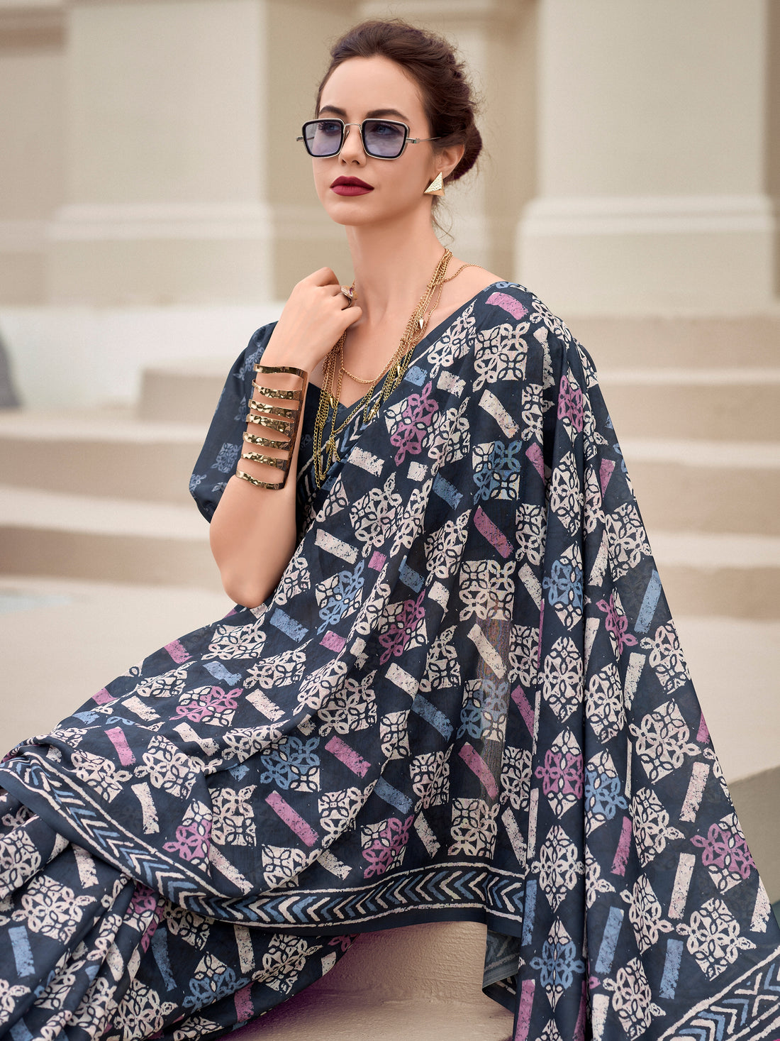 Gorgeous Navy Blue Printed Silk Office Wear Saree With Blouse