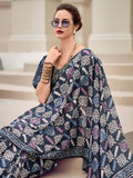 Gorgeous Navy Blue Printed Silk Office Wear Saree With Blouse