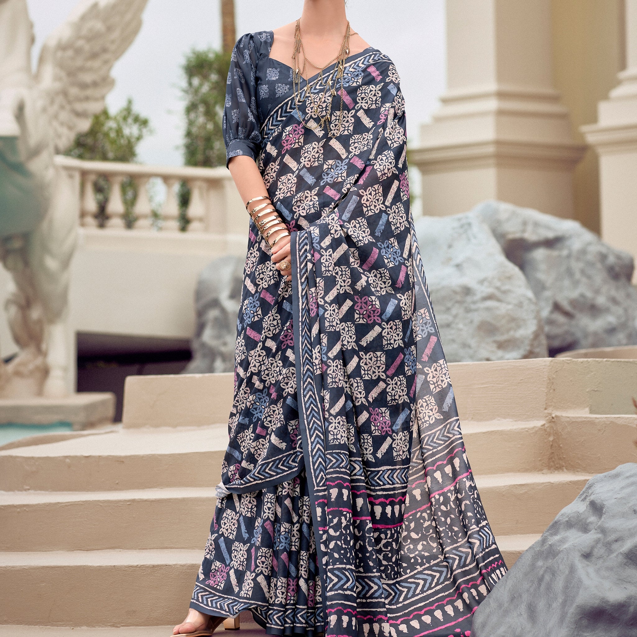 Gorgeous Navy Blue Printed Silk Office Wear Saree With Blouse