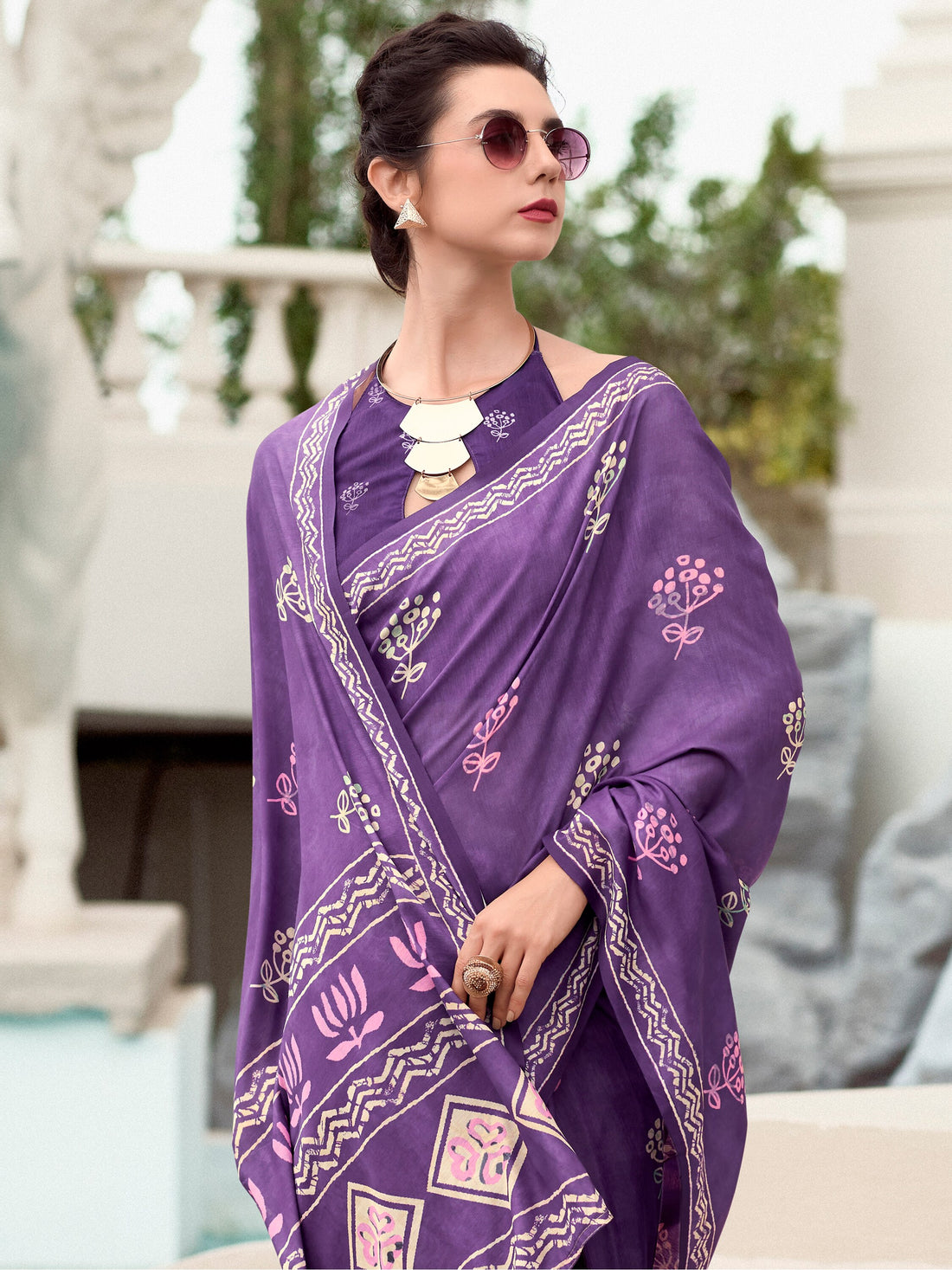 Magnetic Purple Digital Printed Silk Festival Wear Saree With Blouse