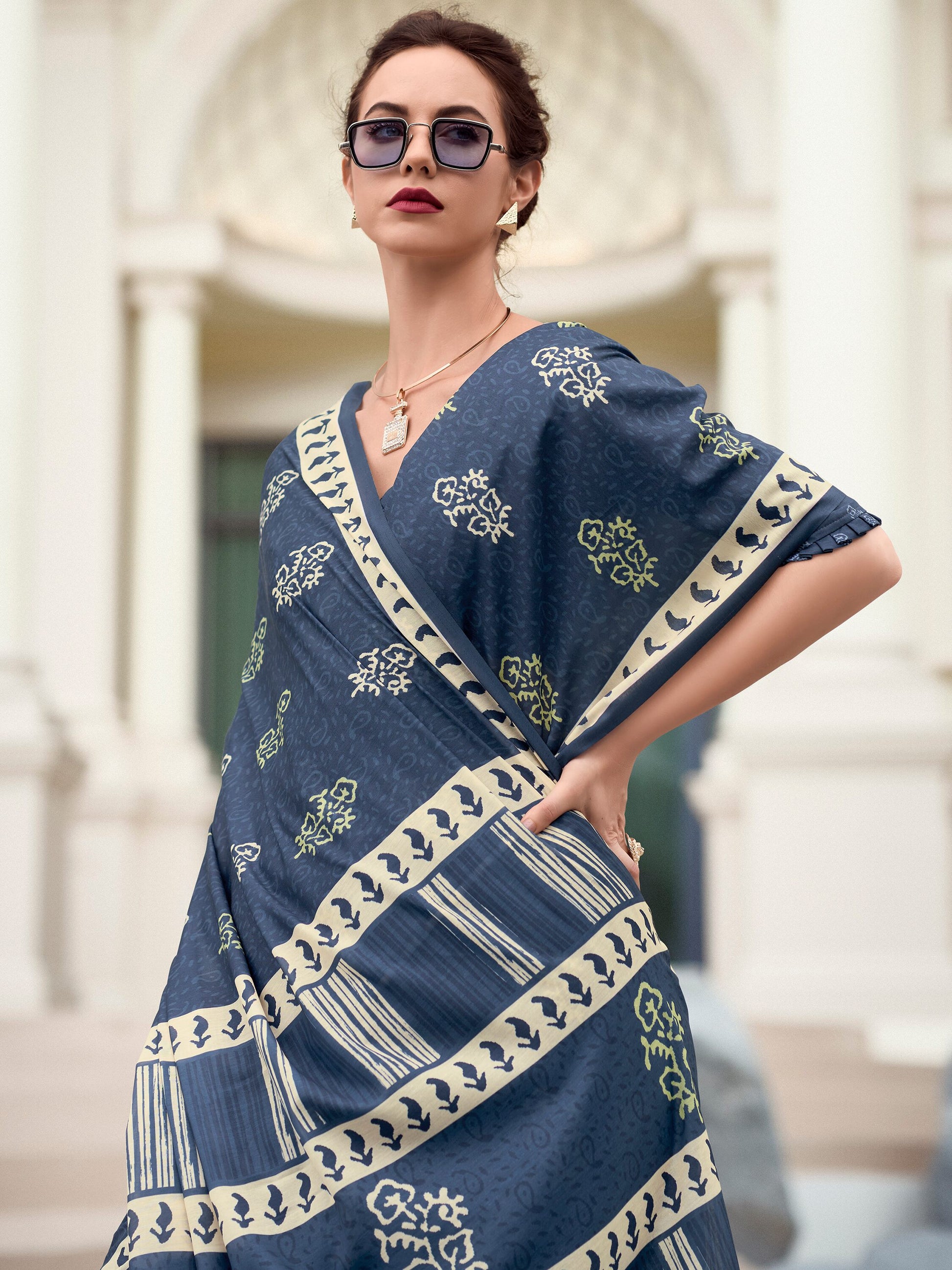 Attractive Dusty Blue Printed Silk Event Wear Saree With Blouse