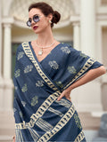 Attractive Dusty Blue Printed Silk Event Wear Saree With Blouse