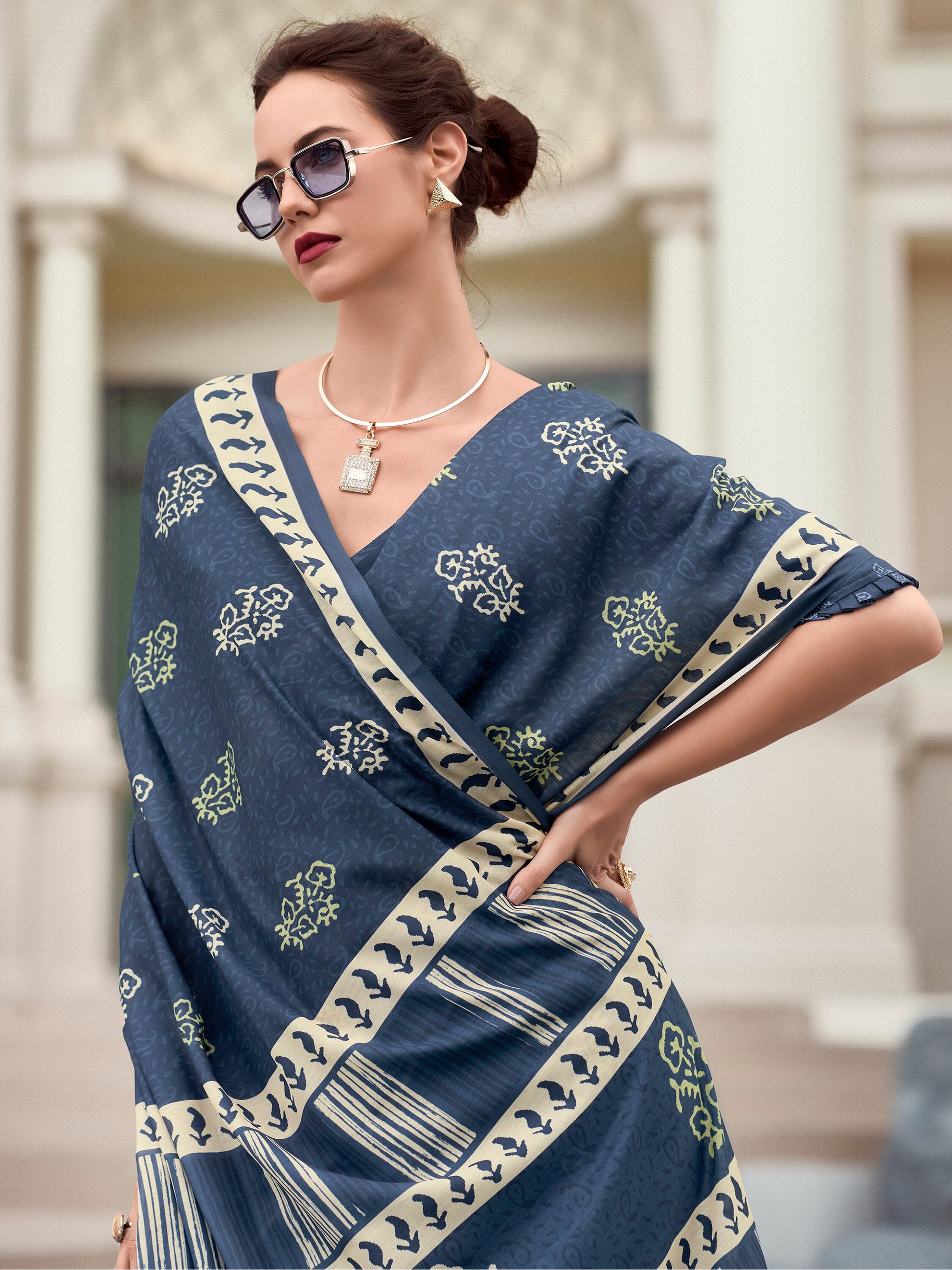 Attractive Dusty Blue Printed Silk Event Wear Saree With Blouse