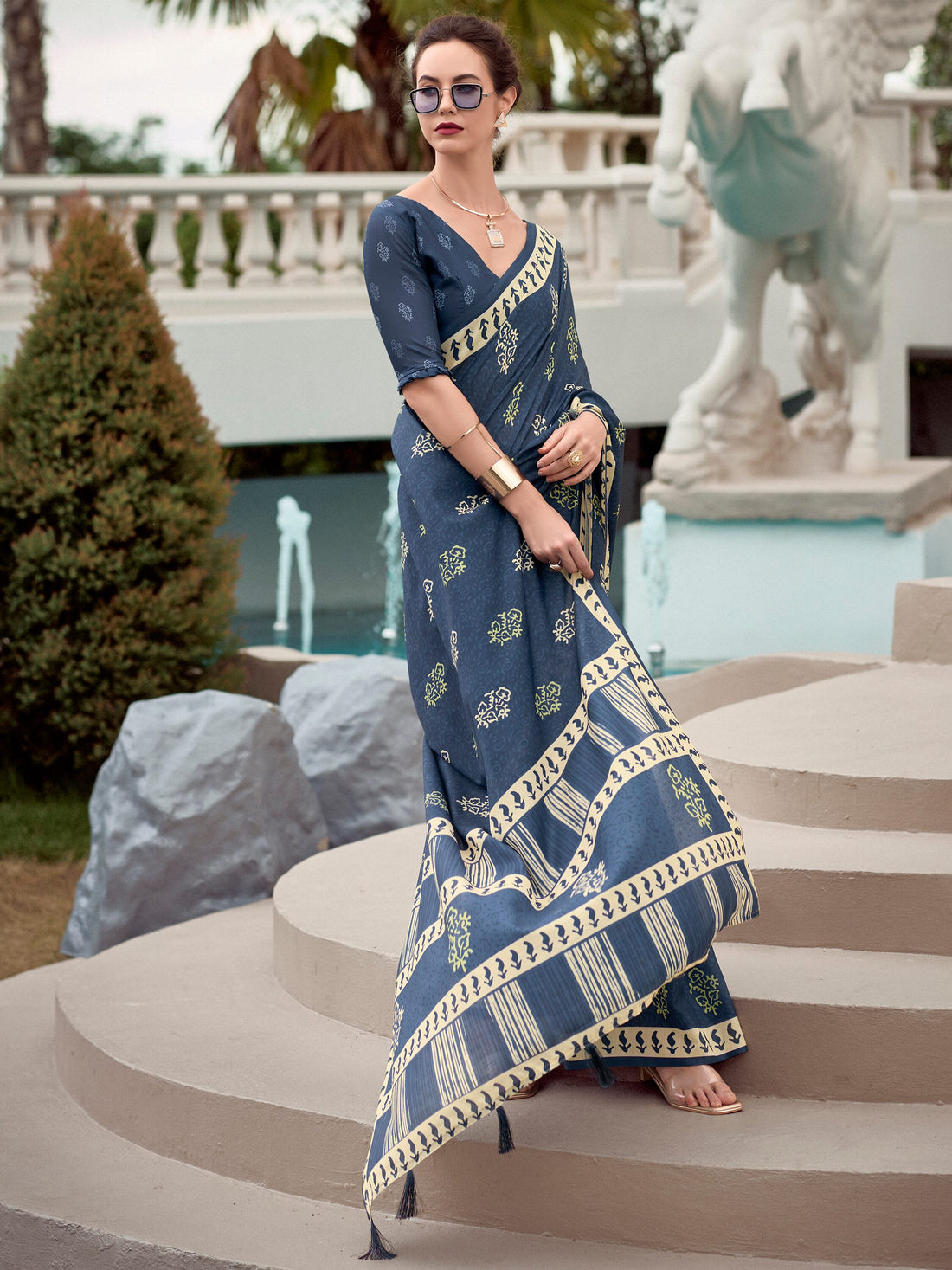 Attractive Dusty Blue Printed Silk Event Wear Saree With Blouse