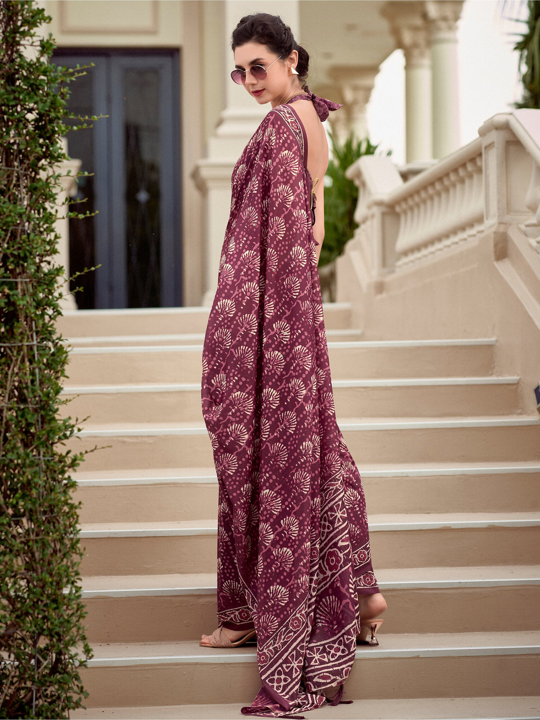 Alluring Wine Digital Printed Silk Casual Wear Saree With Blouse