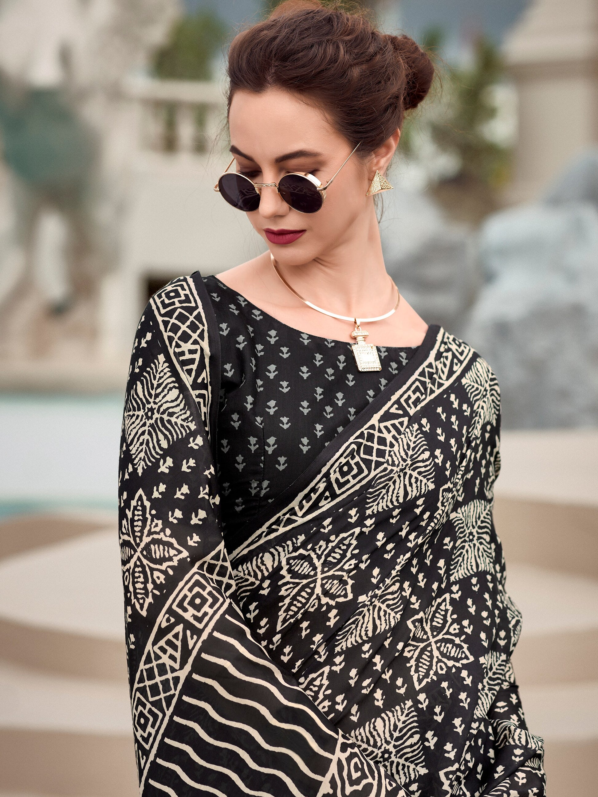 Glamorous Black Printed Silk Event Wear Saree With Blouse