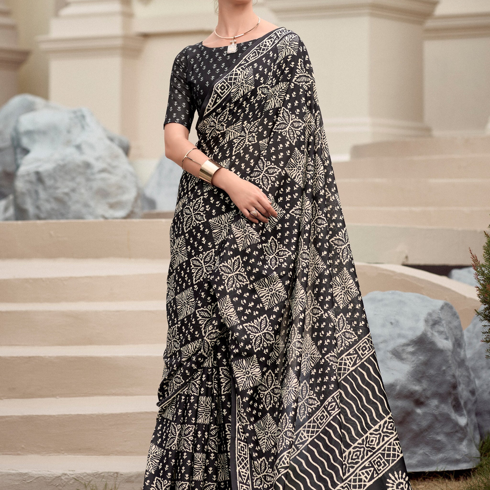 Glamorous Black Printed Silk Event Wear Saree With Blouse