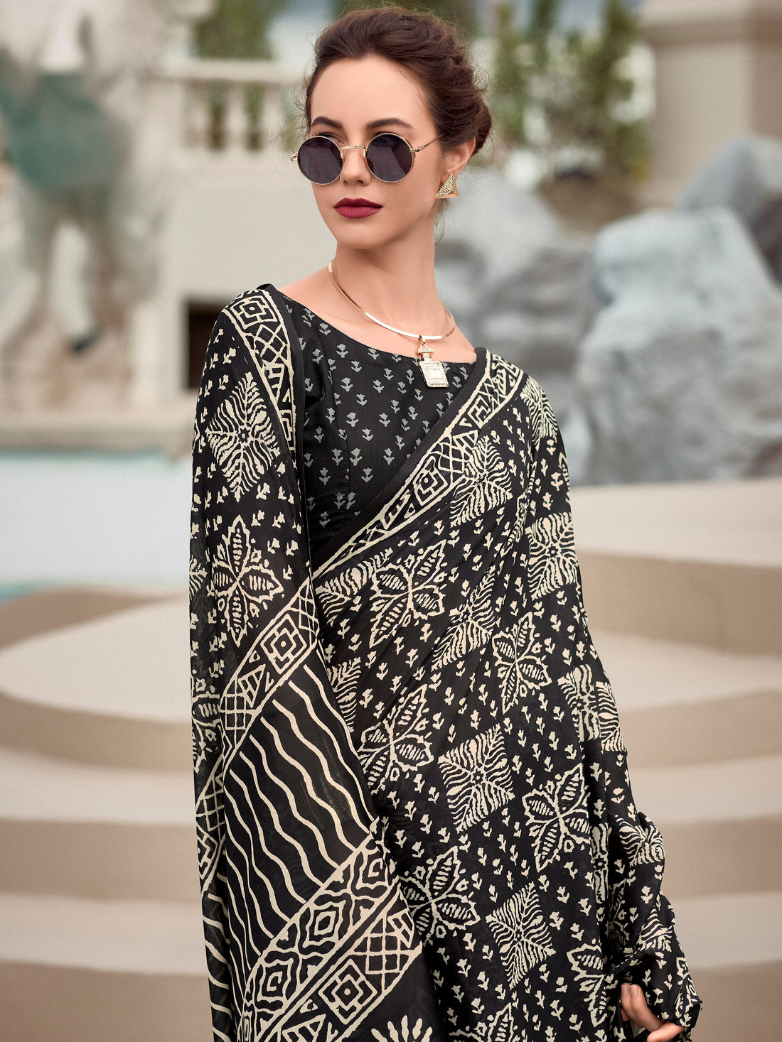 Glamorous Black Printed Silk Event Wear Saree With Blouse