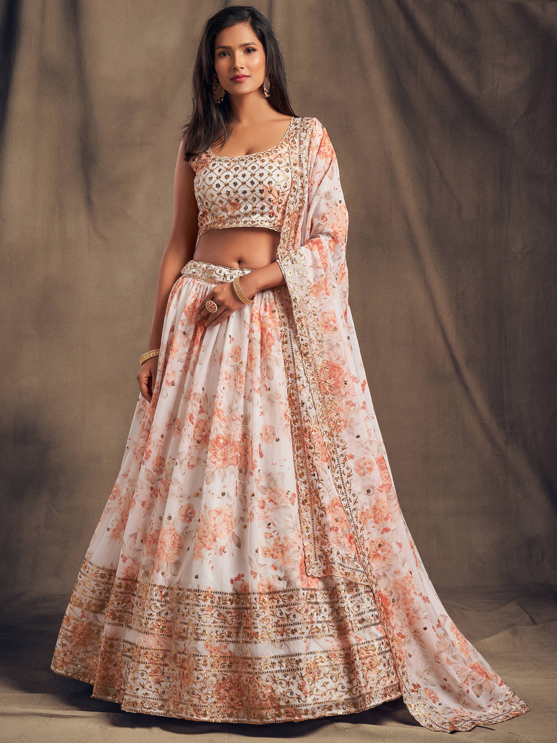 White Floral Printed Organza Festival Lehenga Choli