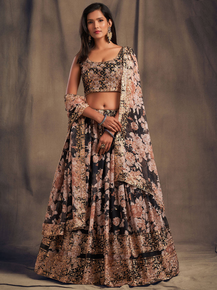 Black Floral Printed Organza Festival Lehenga Choli
