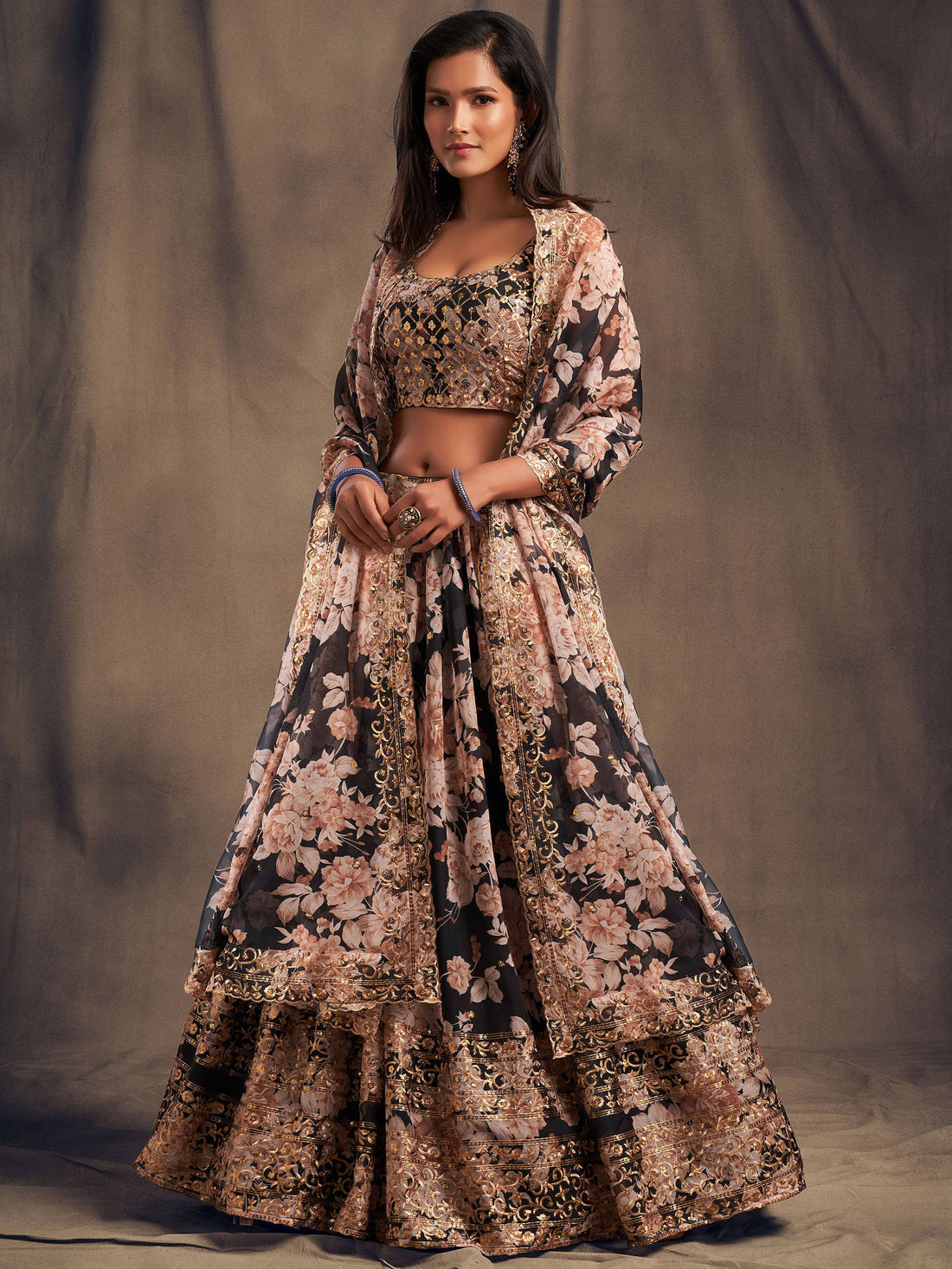 Black Floral Printed Organza Festival Lehenga Choli
