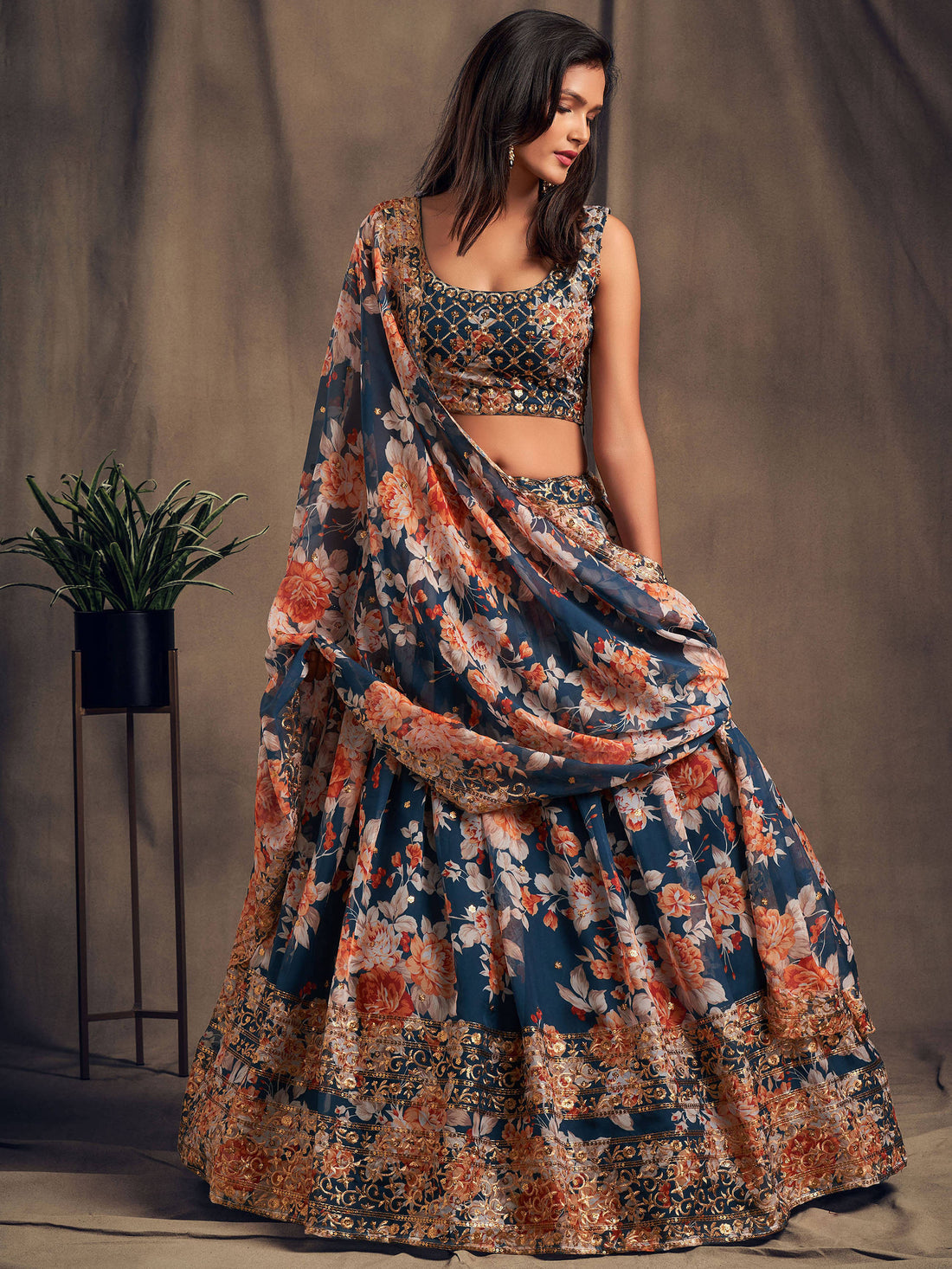 Blue Floral Printed Organza Festival Lehenga Choli