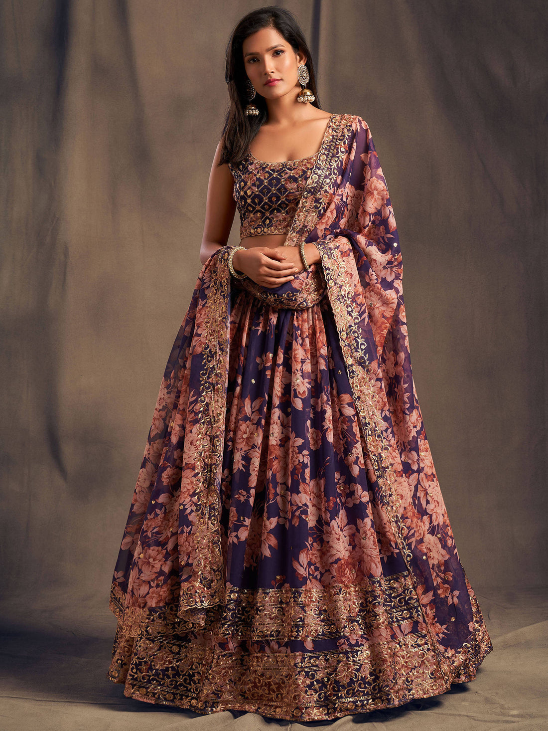 Purple Floral Printed Organza Festival Lehenga Choli