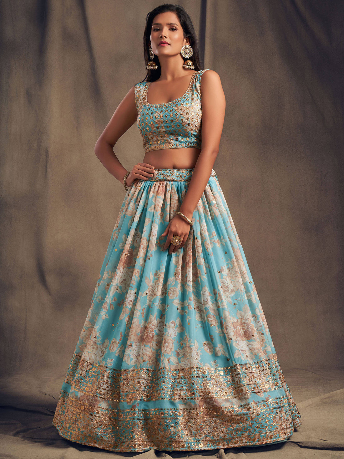 Sky Blue Floral Printed Organza Festival Lehenga Choli