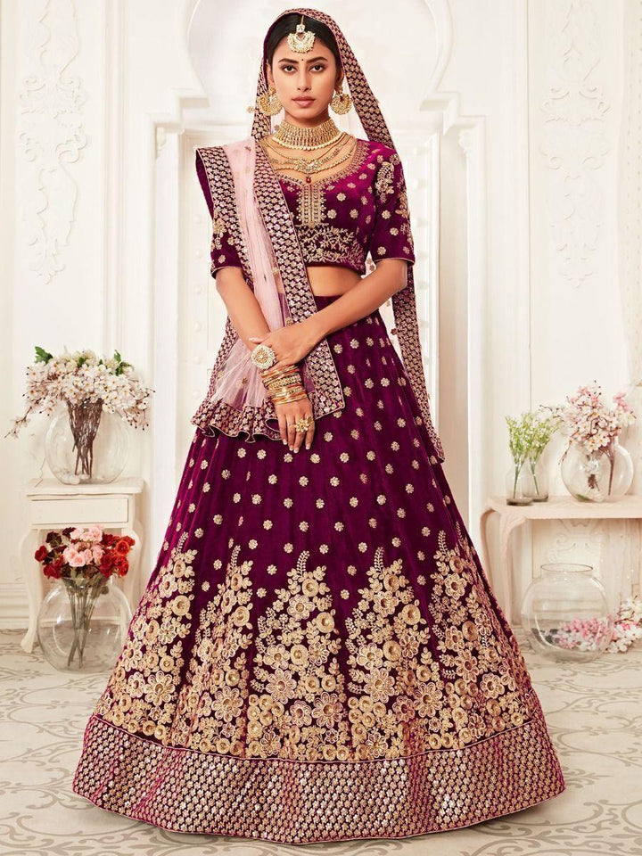 Attractive Purple Embroidered Velvet Bridal Wear Lehenga Choli