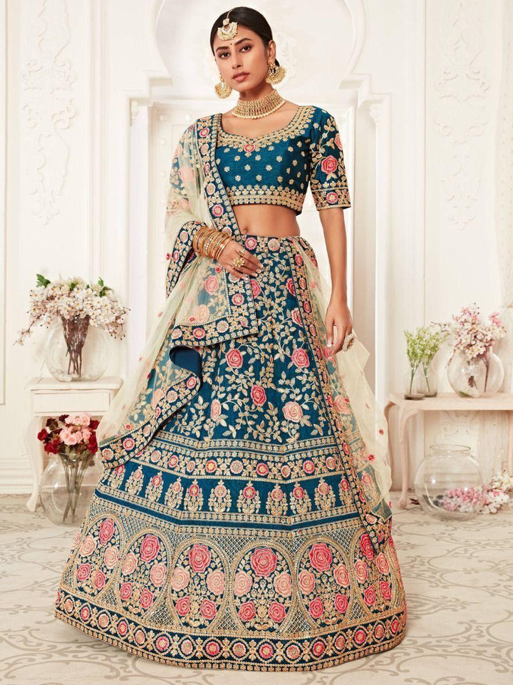 Gorgeous Teal Blue Embroidered Silk Bridal Wear Lehenga Choli