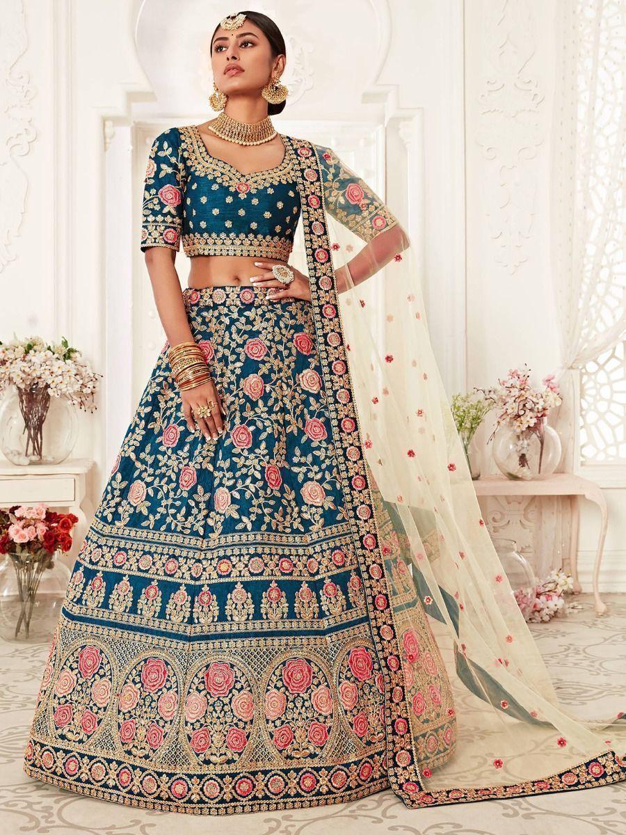 Gorgeous Teal Blue Embroidered Silk Bridal Wear Lehenga Choli