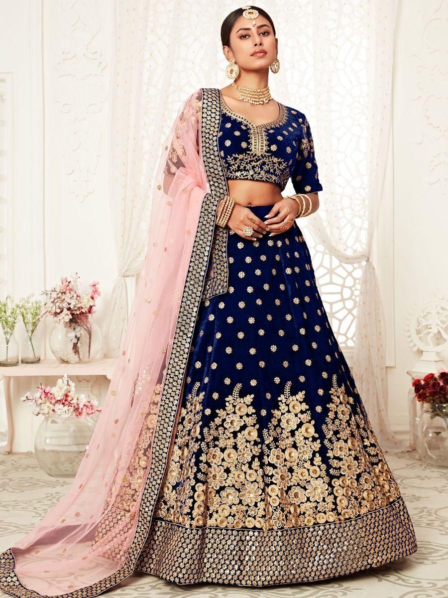 Captivating Navy Blue Embroidered Velvet Bridal Wear Lehenga Choli