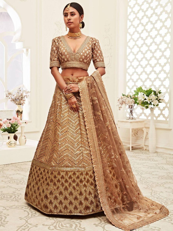 Outstanding Brown Embroidered Slub Silk Wedding Wear Lehenga Choli