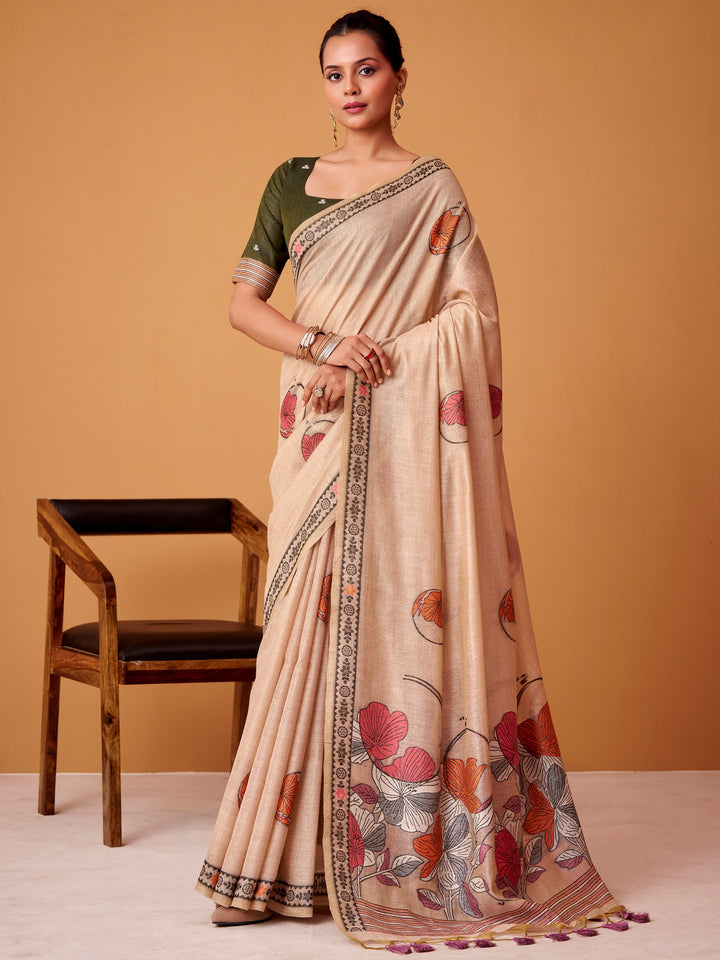 Beautiful Beige Floral Printed Cotton Casual Wear Saree With Blouse
