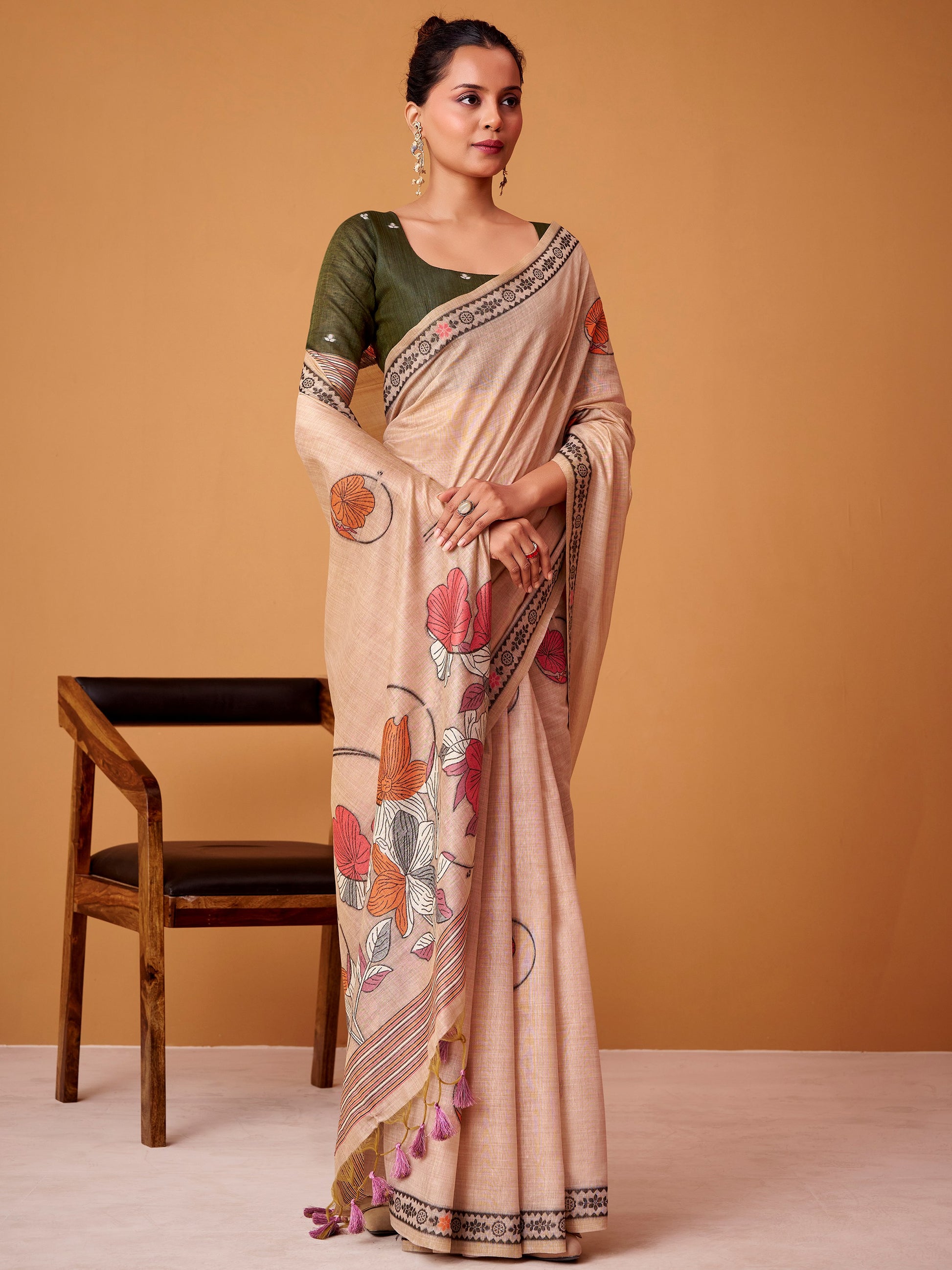 Beautiful Beige Floral Printed Cotton Casual Wear Saree With Blouse