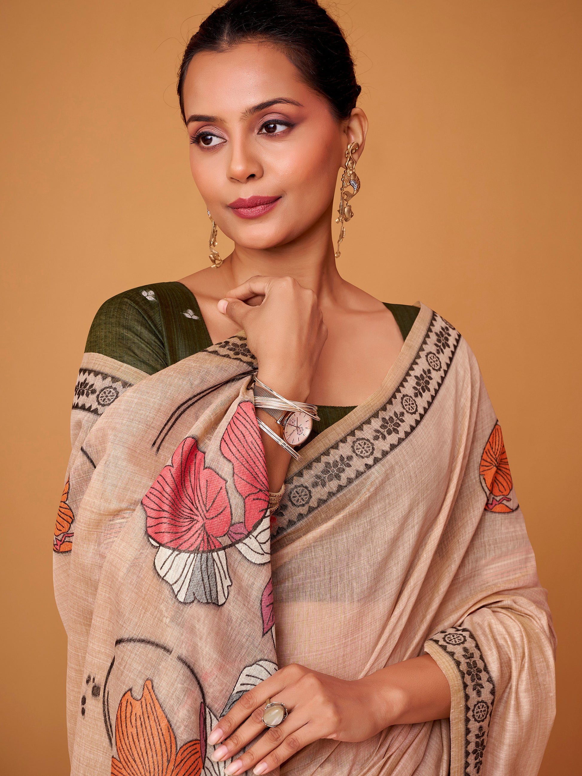 Beautiful Beige Floral Printed Cotton Casual Wear Saree With Blouse