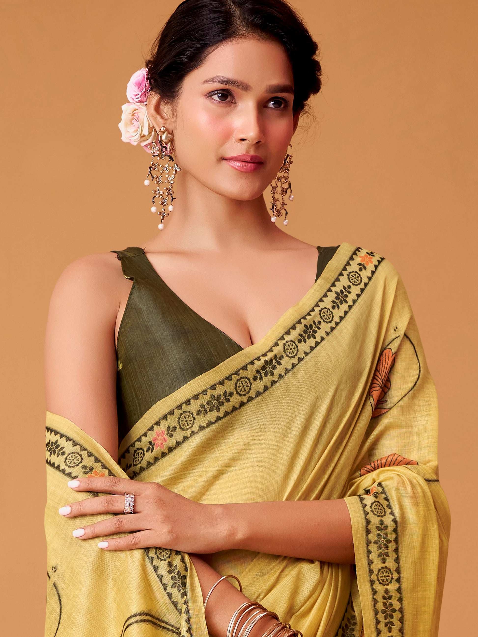 Fascinating Yellow Digital Printed Cotton Festive Wear Saree With Blouse