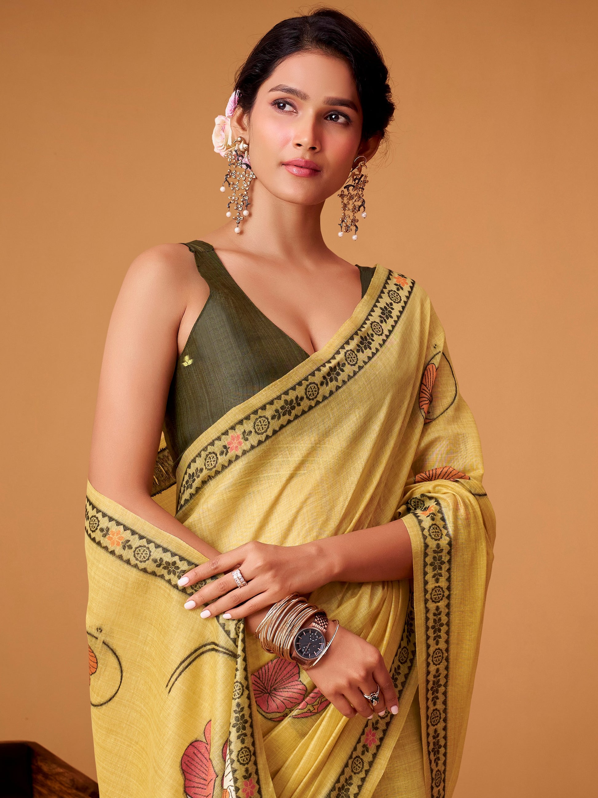 Fascinating Yellow Digital Printed Cotton Festive Wear Saree With Blouse
