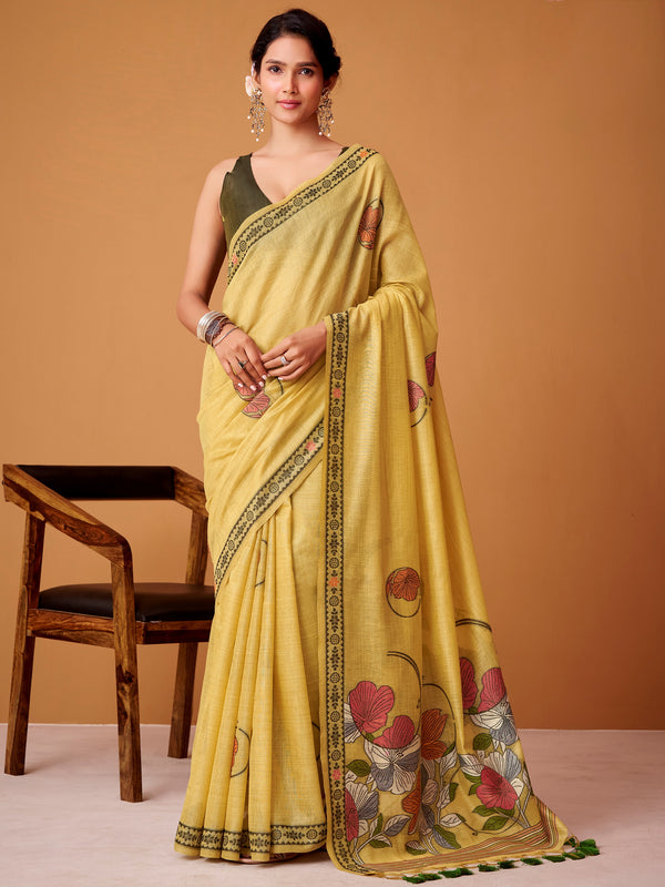 Fascinating Yellow Digital Printed Cotton Festive Wear Saree With Blouse