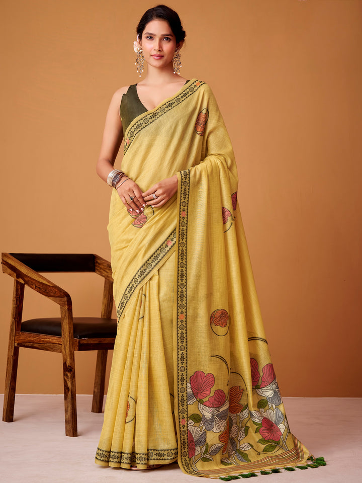 Fascinating Yellow Digital Printed Cotton Festive Wear Saree With Blouse