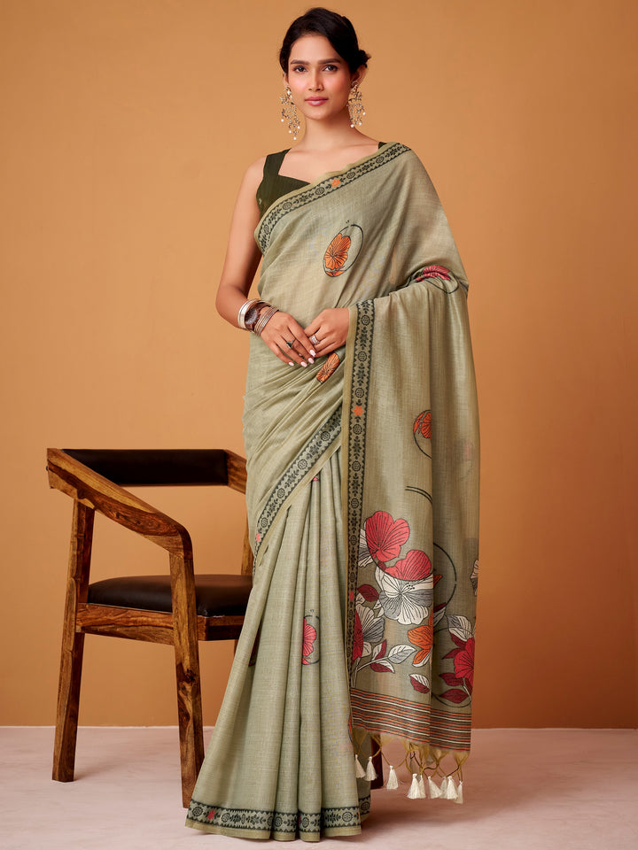 Amazing Green Floral Printed Cotton Daily Wear Saree With Blouse