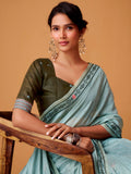 Striking Sky Blue Digital Printed Cotton Office Wear Saree With Blouse