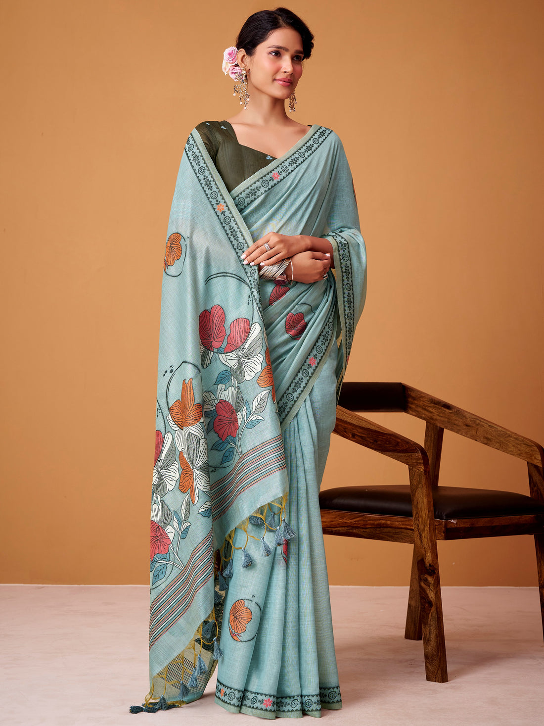 Striking Sky Blue Digital Printed Cotton Office Wear Saree With Blouse