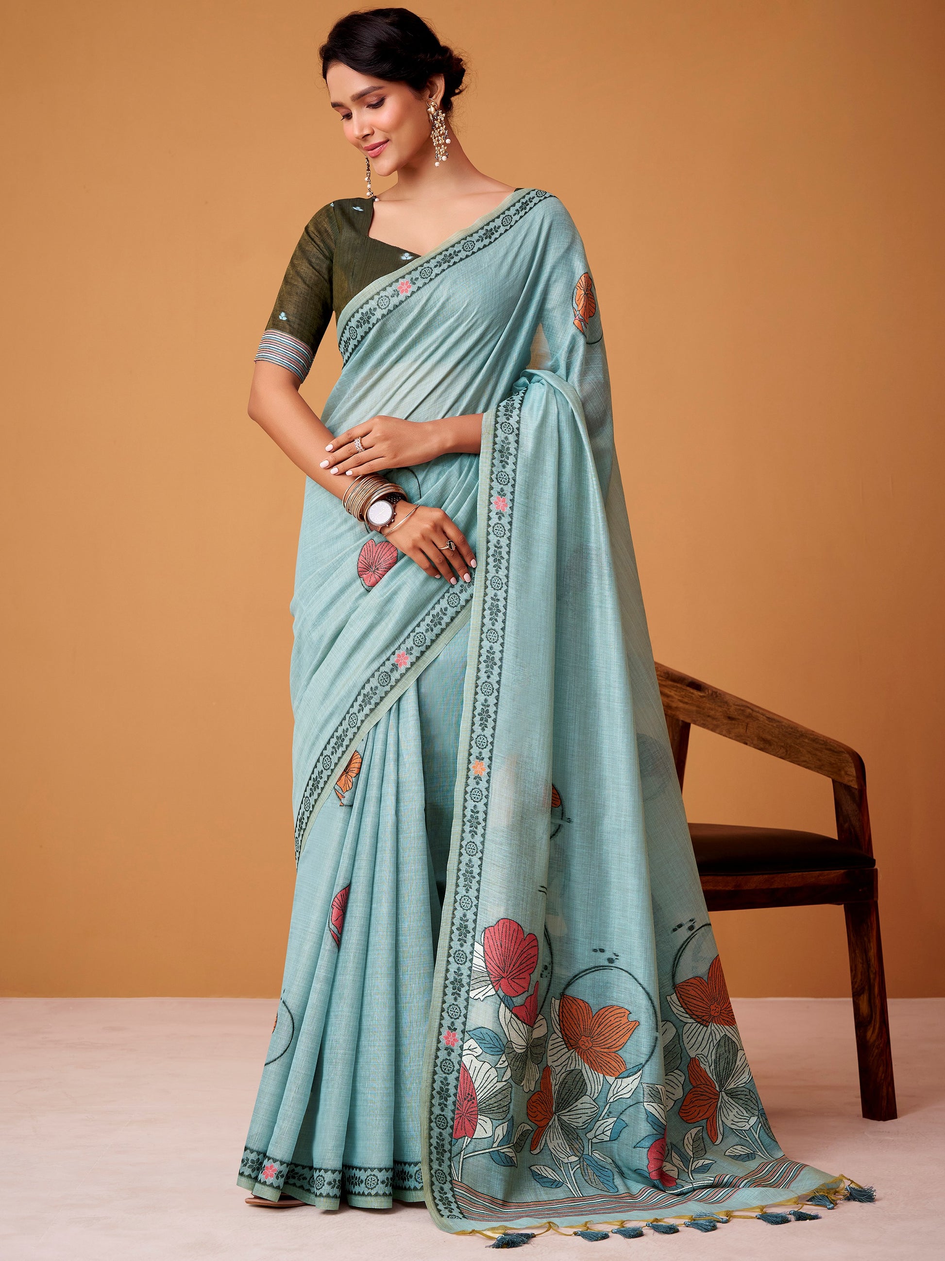 Striking Sky Blue Digital Printed Cotton Office Wear Saree With Blouse