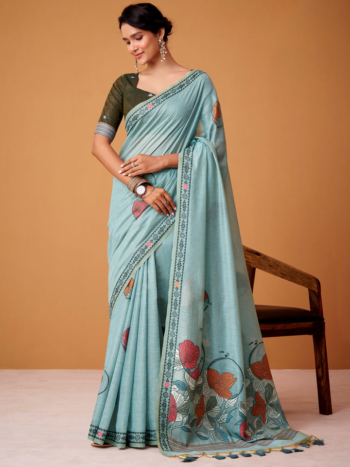 Striking Sky Blue Digital Printed Cotton Office Wear Saree With Blouse