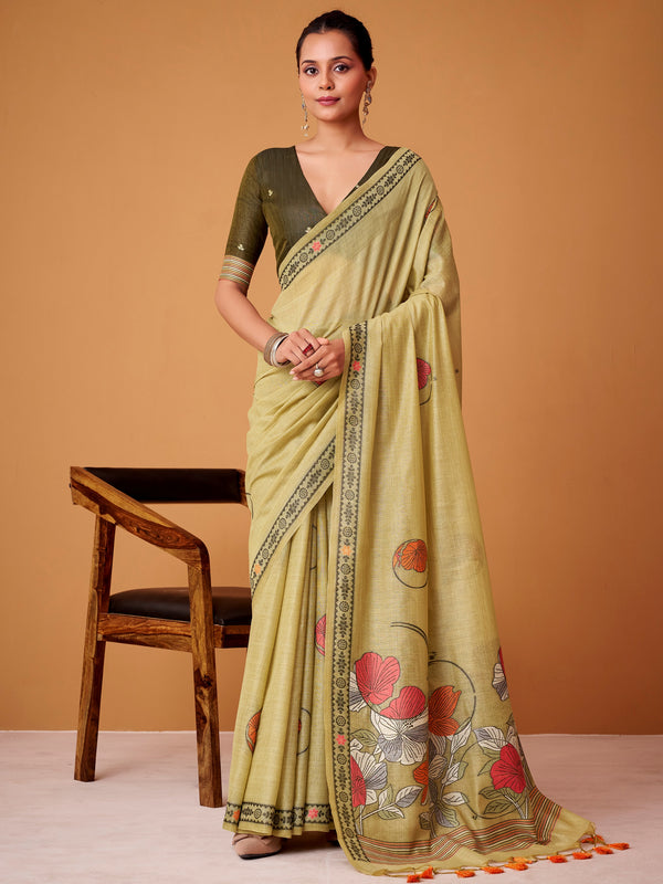 Marvelous Green Floral Printed Cotton Casual Wear Saree With Blouse