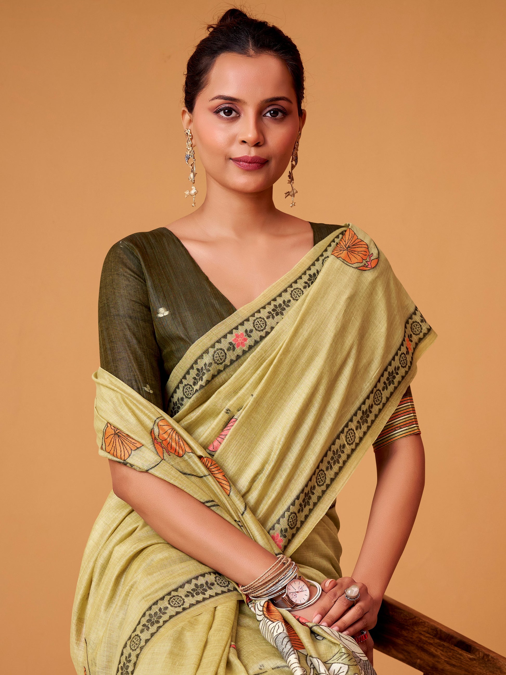 Marvelous Green Floral Printed Cotton Casual Wear Saree With Blouse